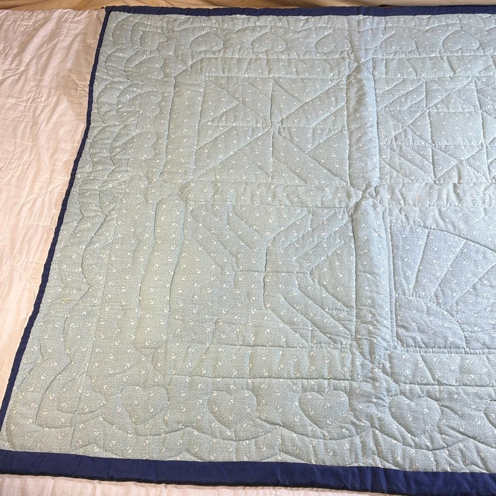 Handmade Vintage Sampler‎ Quilt Blue Border Hearts Fan Pinwheel Americana Decor